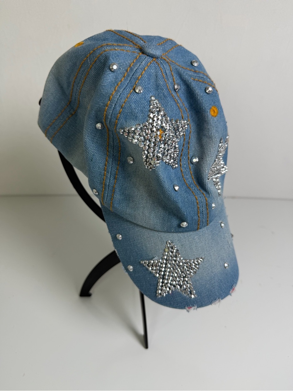 Y2K Rhinestone Star Denim Baseball Cap Blue Cotton Adjustable Bling Trucker Hat
